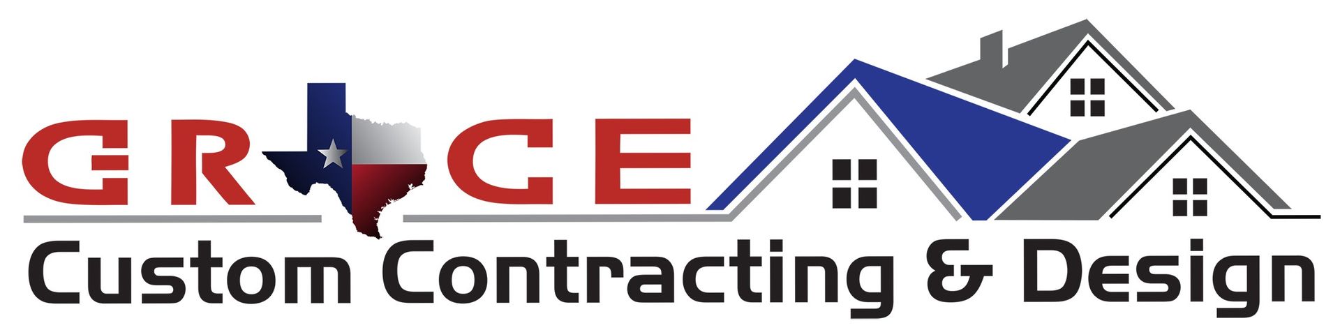 GRACE Custom Contracting & Design logo with red and black text and blue roof house icon