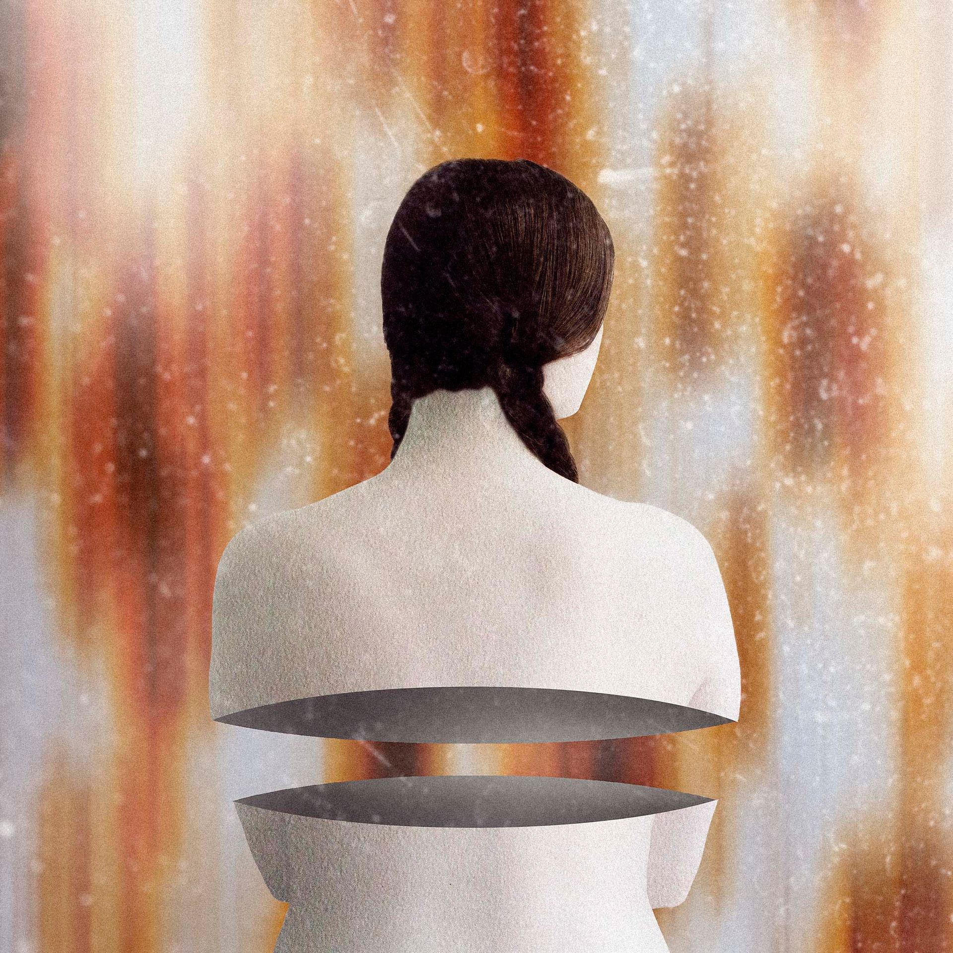 A painting of a woman with her head cut in half