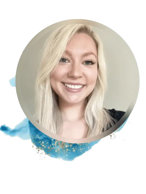 Blonde woman smiles, in a circle with blue watercolor.