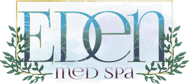 Logo for Eden Med Spa with teal text and floral accents.