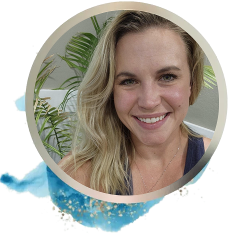 Smiling person in a circular portrait with a leafy plant and blue watercolor accent background