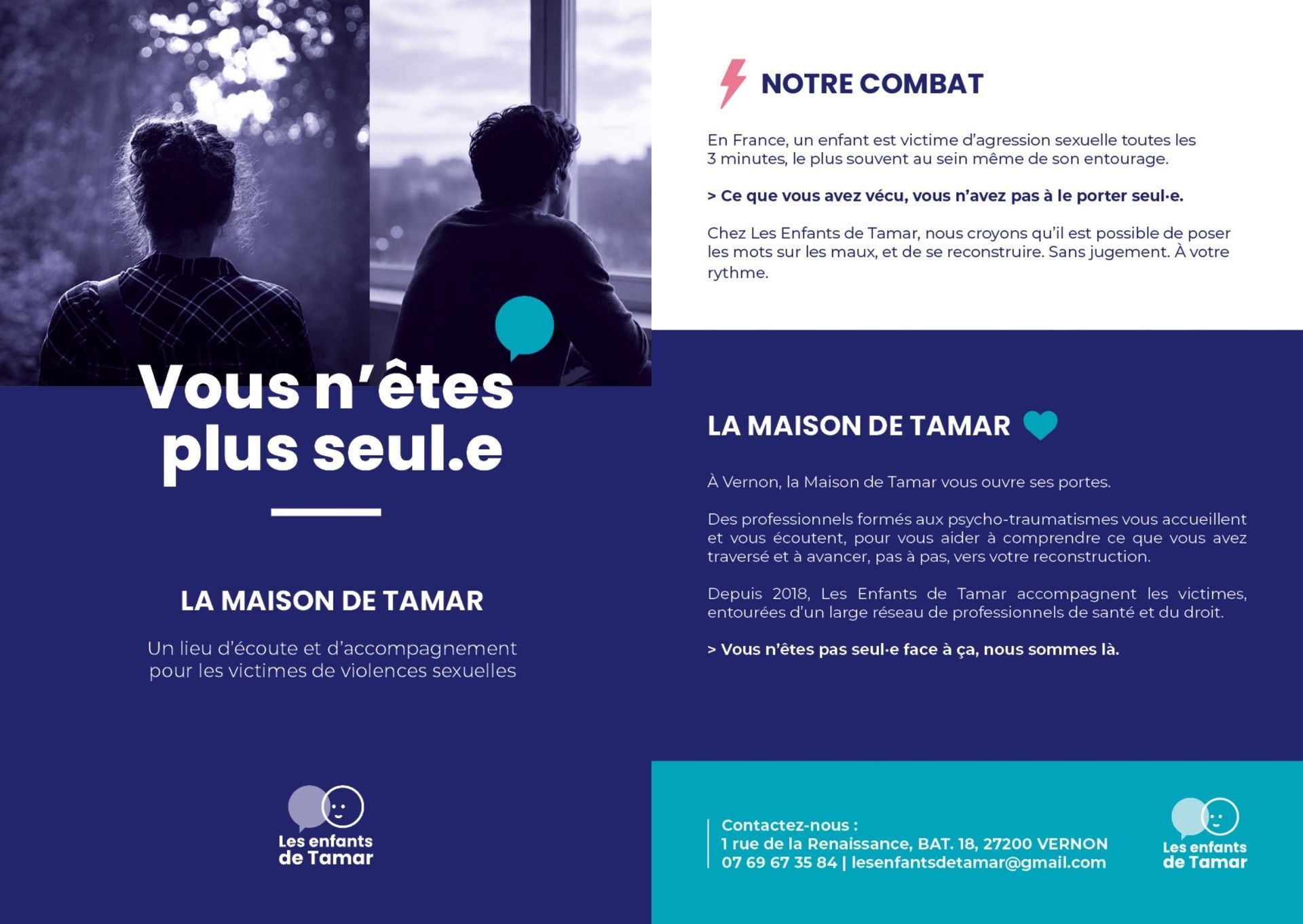 Affiche de sensibilisation française avec la silhouette d’une personne et un texte incitant à se tenir à l’écart des ressources contre la violence conjugale