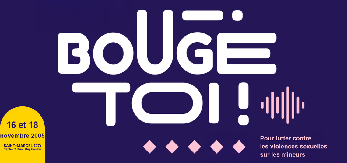 Affiche avec le texte « BOUGE TOI ! », une onde sonore et des diamants roses sur fond violet.