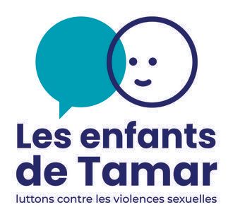 Logo : Bulle de dialogue turquoise à côté d’un visage blanc circulaire. Texte « Les enfants de Tamar » en bleu, slogan en dessous.