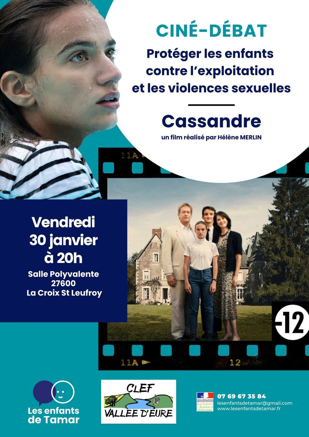 Affiche pour une discussion autour d'un film sur la protection des enfants contre l'exploitation sexuelle. Contient une image du film et les détails de l'événement.
