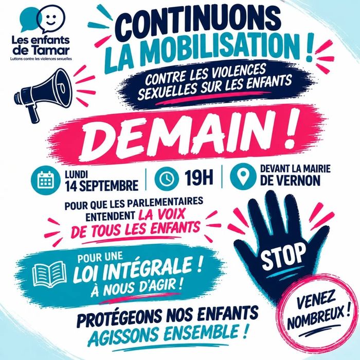 Affiche rose et bleu pour une mobilisation contre les violences sexuelles sur les enfants, lundi 14 septembre 19h à Vernon.