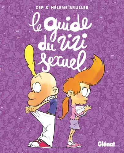 Couverture de la bande dessinée française « Le Guide du Zizi Sexuel ». Deux enfants se tiennent dos à dos, l'air timide. Fond violet.
