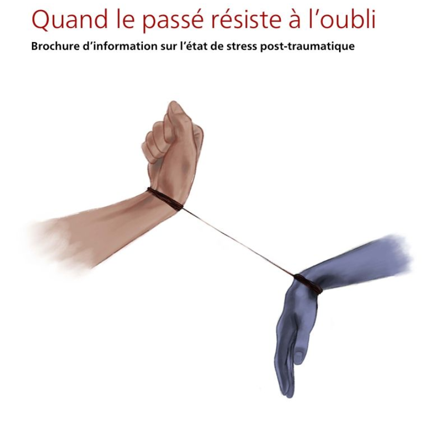 Une main du présent est reliée par un fin cordon à une main fantomatique aux tons bleutés, illustrant le stress post-traumatique.