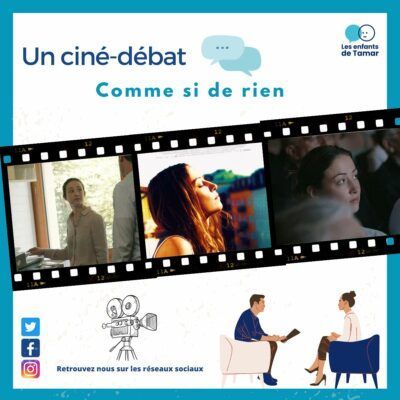 Affiche pour une projection de film avec une discussion intitulée « Comme si de rien n'était ». Comprend des images de pellicule, un logo et des icônes de réseaux sociaux.