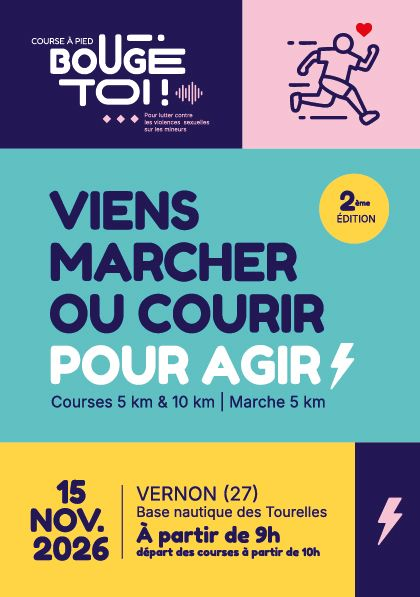 Affiche : « Bouge To !! » avec des statistiques et un appel à la sensibilisation sur les 160 000 enfants victimes de violences sexuelles et sociales.