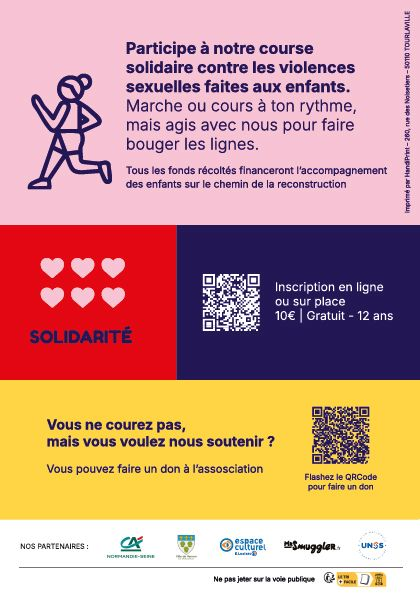 Affiche : « Bouge To !! » avec des statistiques et un appel à la sensibilisation sur les 160 000 enfants victimes de violences sexuelles et sociales.