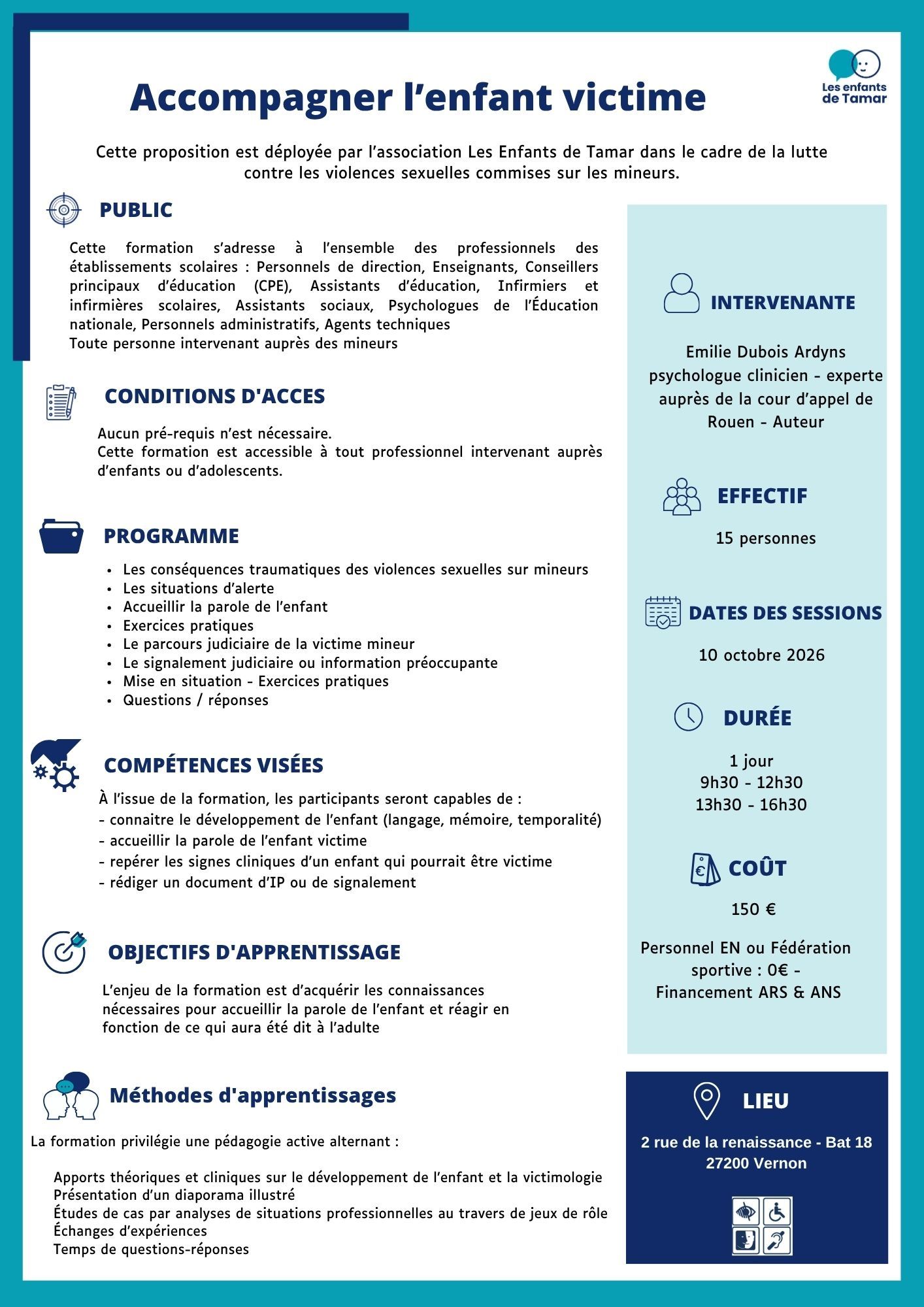 Cliquez sur l'image pour télécharger le pdf. Dépliant pour une séance de formation sur l'accompagnement des enfants victimes de violences sexuelles, avec des détails comme le lieu, le coût et l'intervenant.