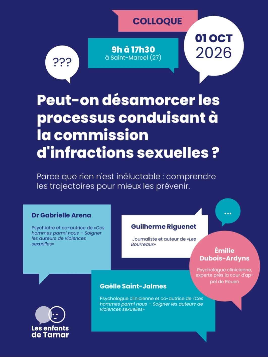 Affiche violette et bleue sur la commission d’infractions sexuelles, colloque le 01 oct. 2026.