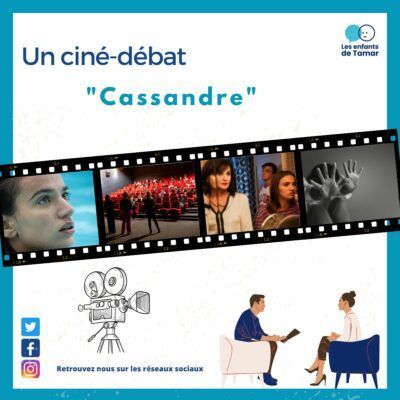 Affiche pour un débat autour du film « Cassandre ». Bande de film avec images, icônes de réseaux sociaux et deux personnes en conversation.