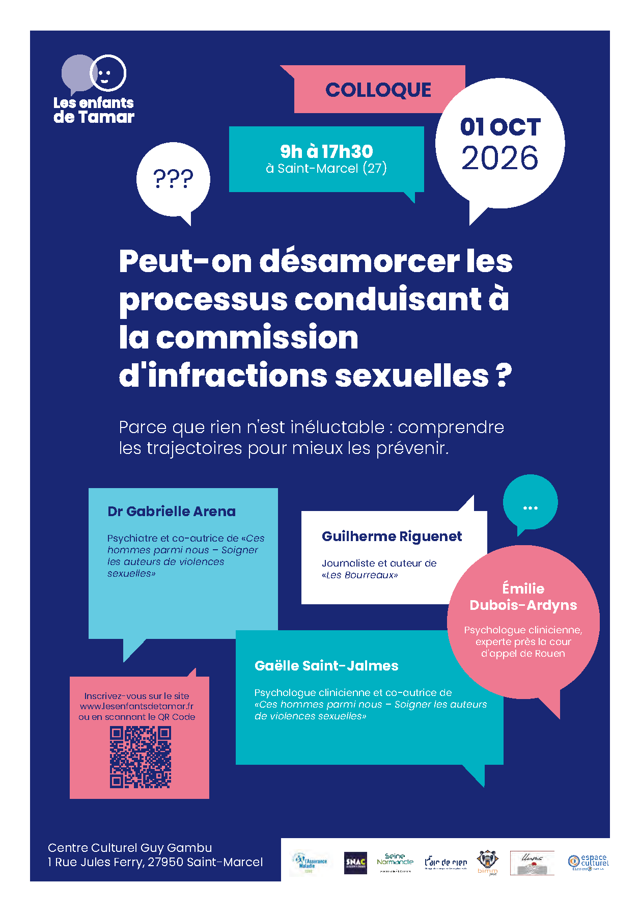 Affiche violette et bleue sur la commission d’infractions sexuelles, colloque le 01 oct. 2026.