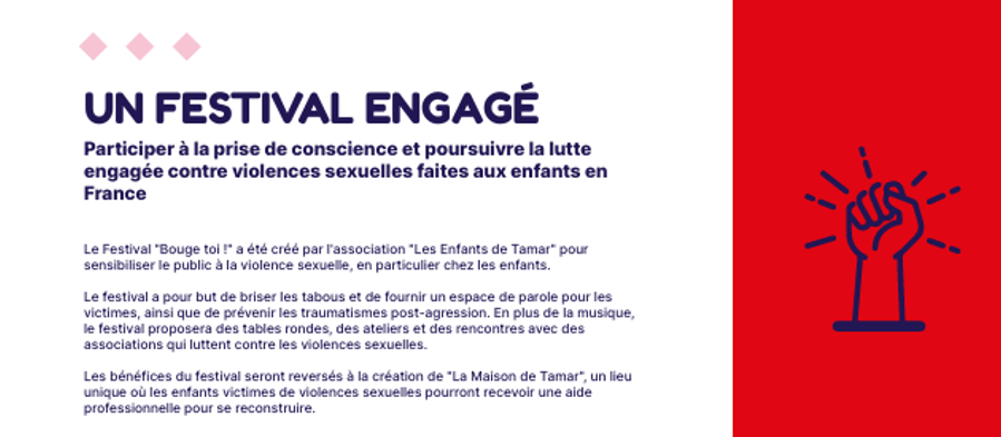Texte : « Un Festival Engagé » avec le symbole d'un poing levé sur fond rouge.