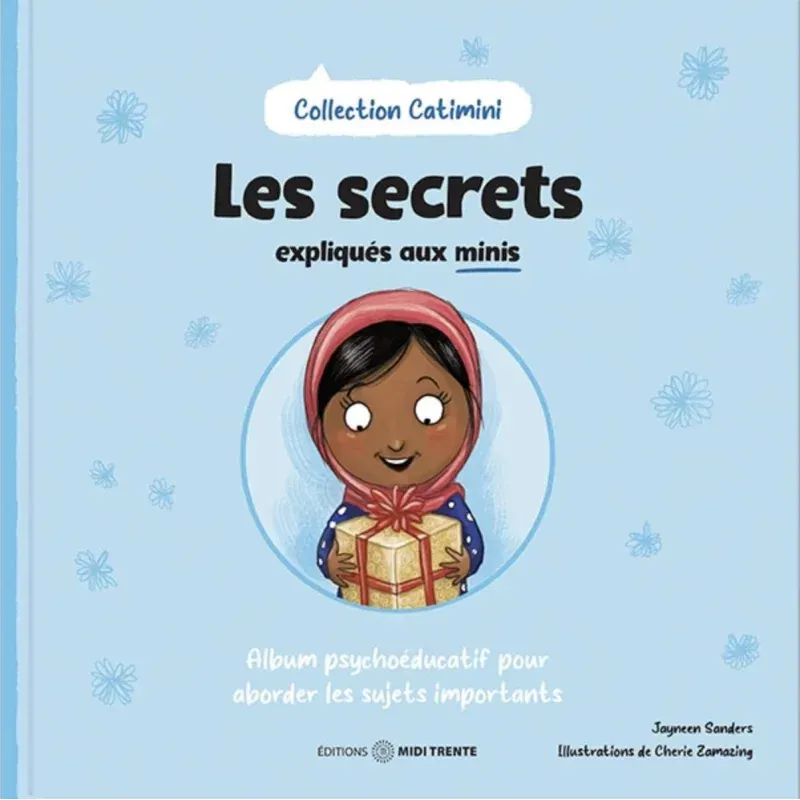Book cover: Light blue, cartoon girl holding gift; title