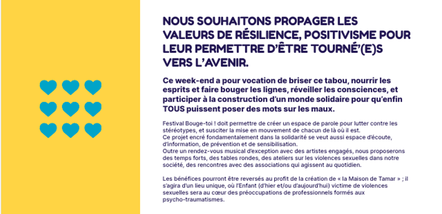 Un visuel jaune orné de cœurs turquoise et d'un texte en français promouvant la résilience et l'optimisme pour l'avenir.