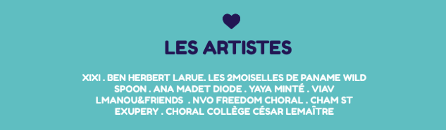 Liste de noms d'artistes sur fond turquoise, avec un cœur bleu foncé au-dessus du titre « LES ARTISTES ».
