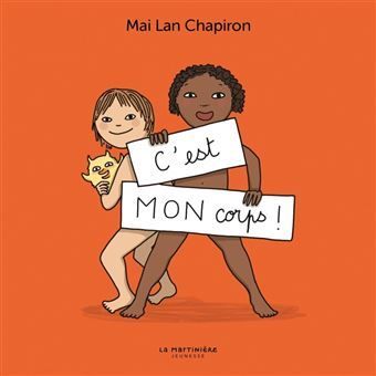 Deux enfants divers tenant des pancartes sur lesquelles est écrit « C'est MON corps ! » Fond orange.
