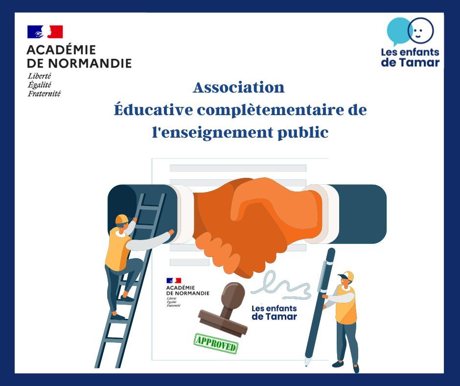 Illustration d'une poignée de main sur un document signé ; deux personnages impliqués dans le processus, bordure bleue, logos Académie de Normandie et Les enfants de Tamar.
