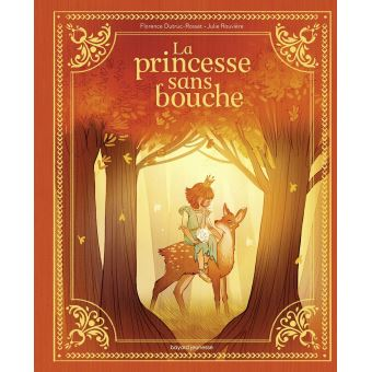 Princesse chevauchant un cerf dans une forêt, couverture de livre. Tons orange, or et marron.