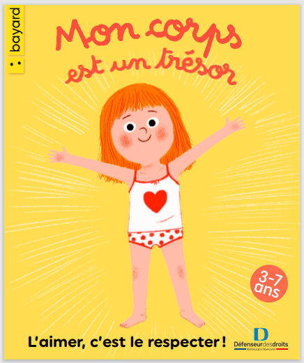 Couverture du livre « Mon corps est un trésor ». Jeune fille les bras levés, portant un t-shirt à cœurs, sur fond jaune.