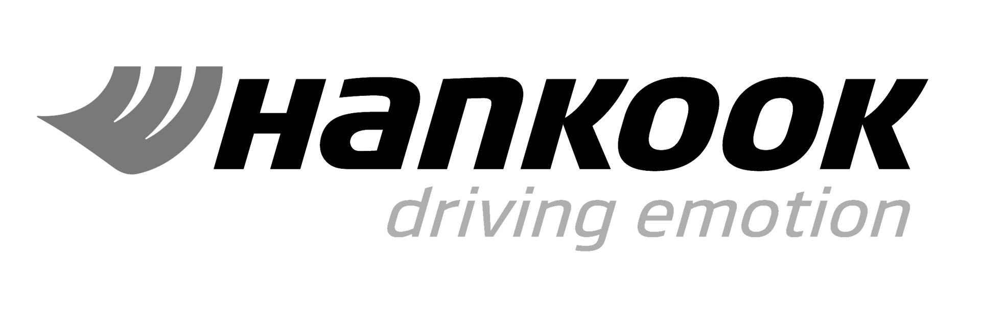 Logo Hankook con emblema stilizzato ad ala grigia e testo nero con la scritta
