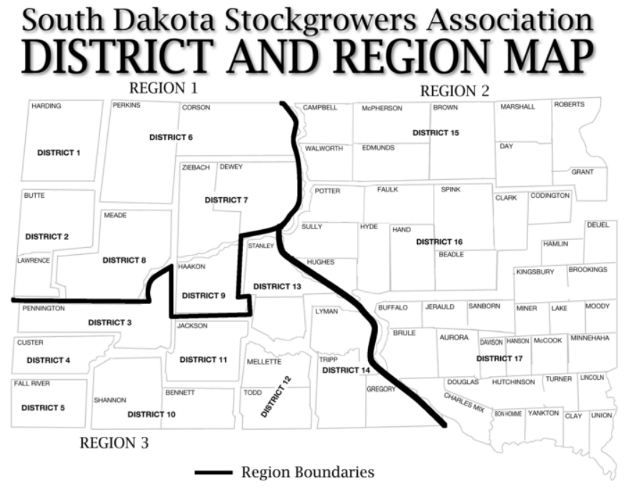 A map of south dakota stockgrowers association district and region map