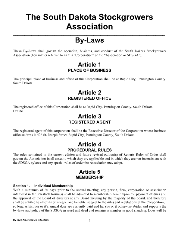 South Dakota Stockgrowers Association by-laws page with Articles 1–4 in black text on white background