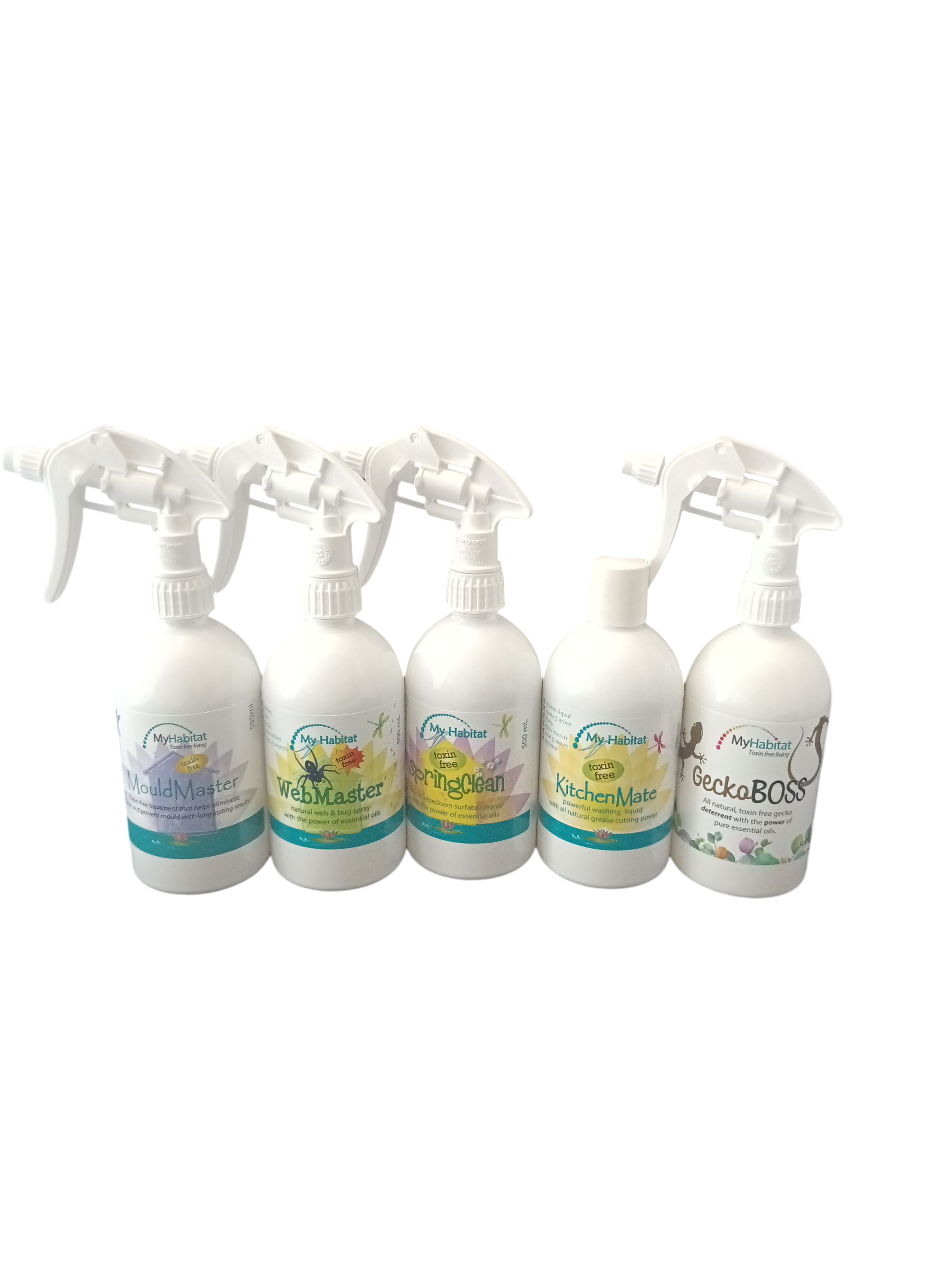 Four White Spray Bottles With Colorful Labels — My Habitat Products in Malanda, QLD