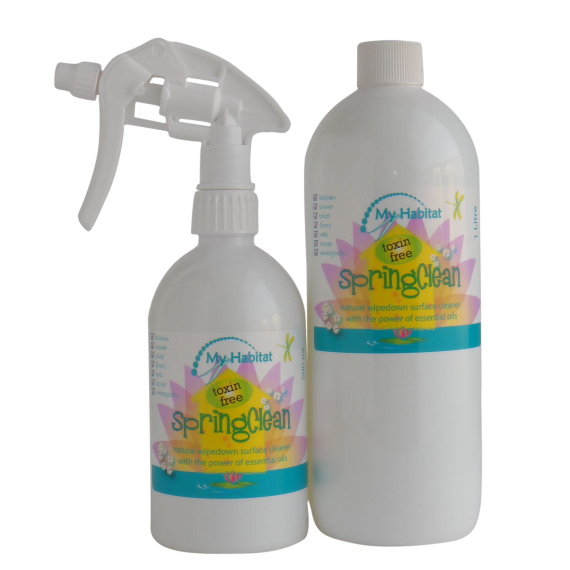 Two White Spray Bottles With Colorful Springklean Labels — My Habitat Products in Malanda, QLD