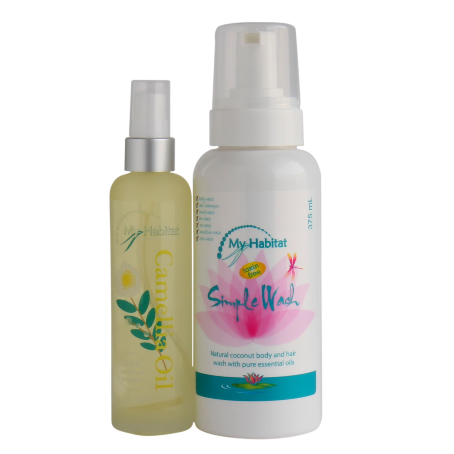 Two White Personal Care Bottles, One Yellow Spray — My Habitat Products in Malanda, QLD