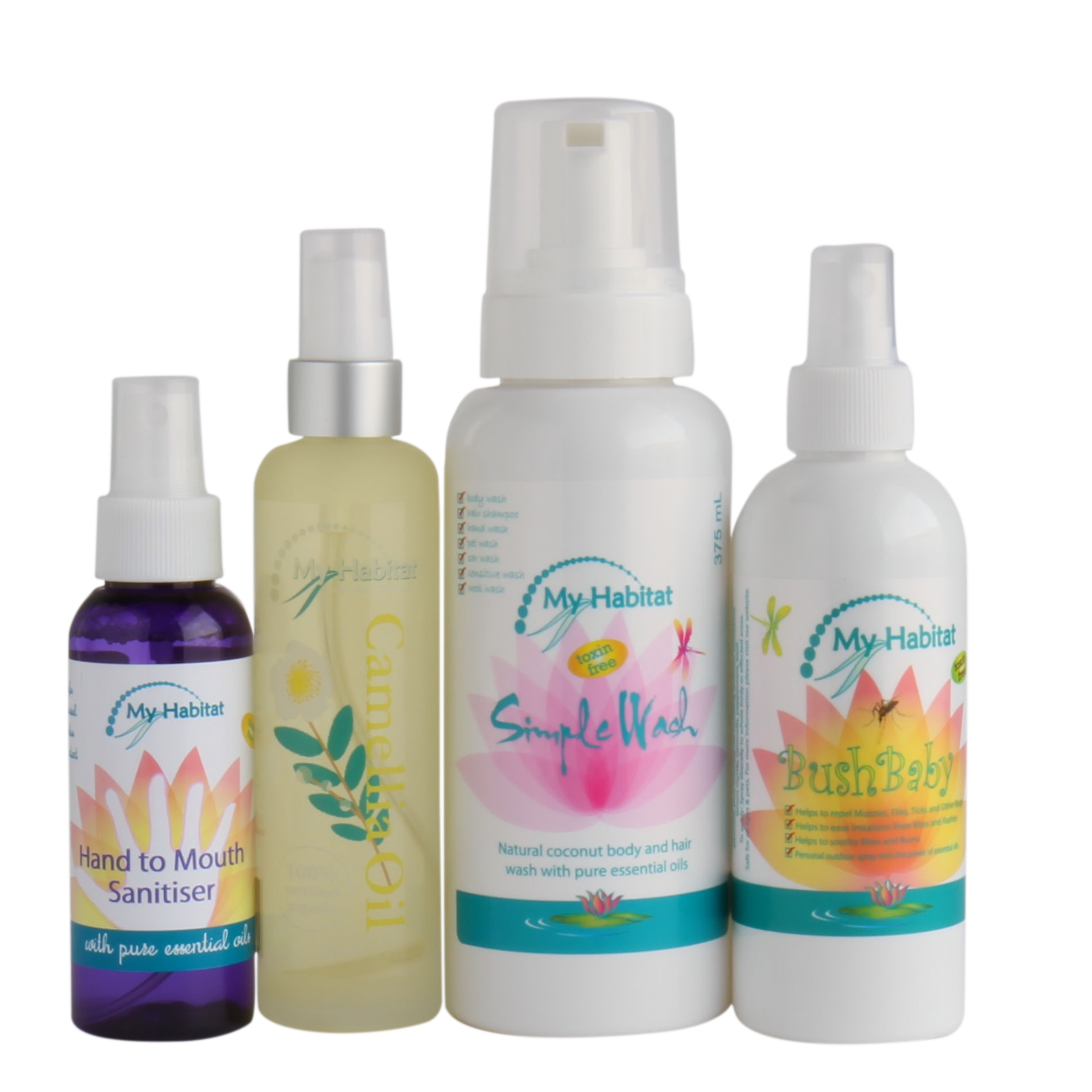 Four My-habitat Skincare Bottles in White — My Habitat Products in Malanda, QLD
