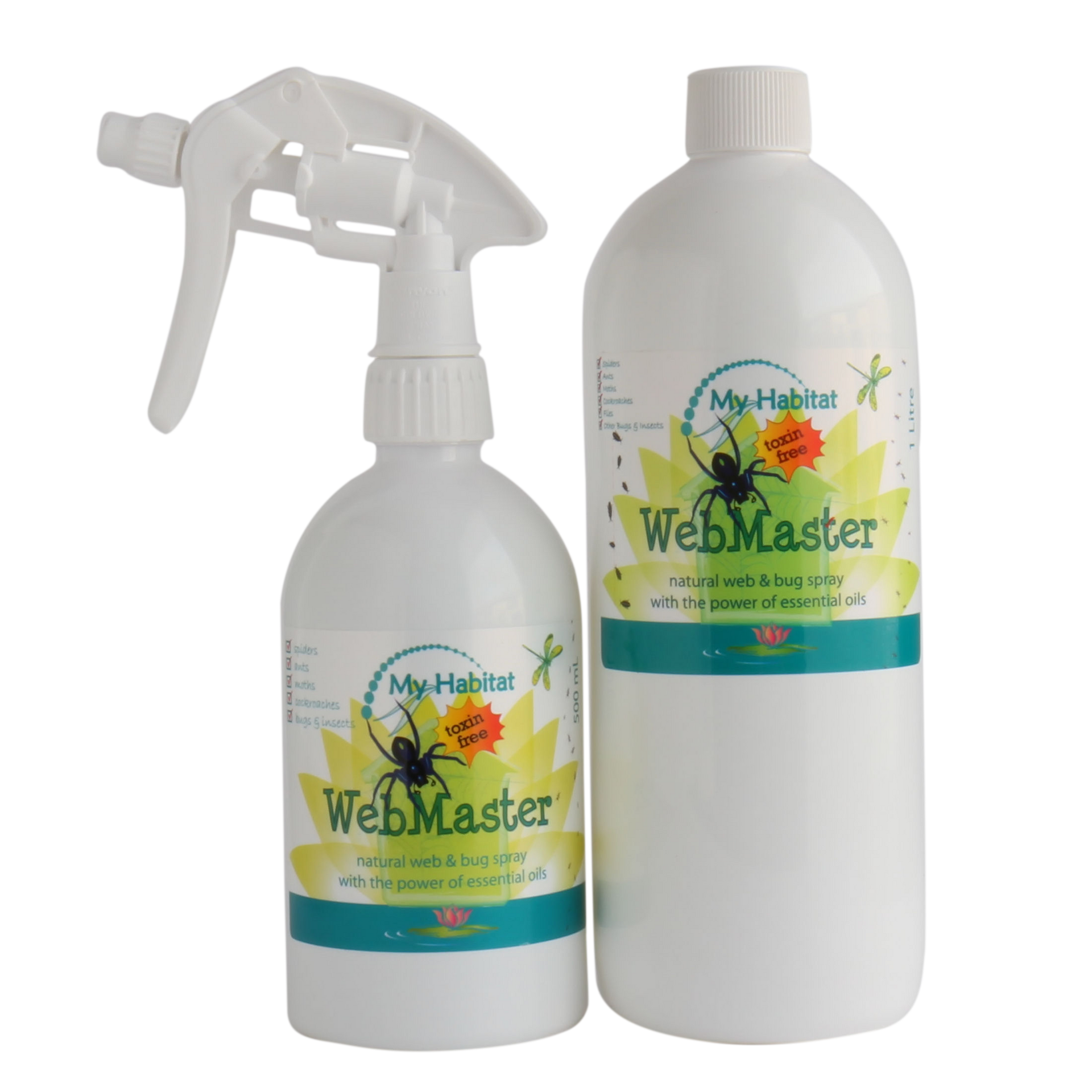 Two White Webmaster Spray Bottles With Green Labels — My Habitat Products in Malanda, QLD