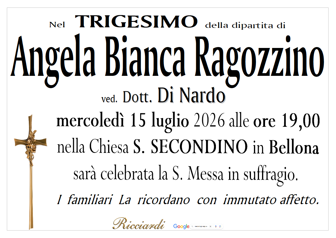necrologio Angela Bianca Ragozzino