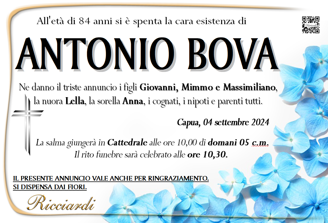 necrologio ANTONIO BOVA