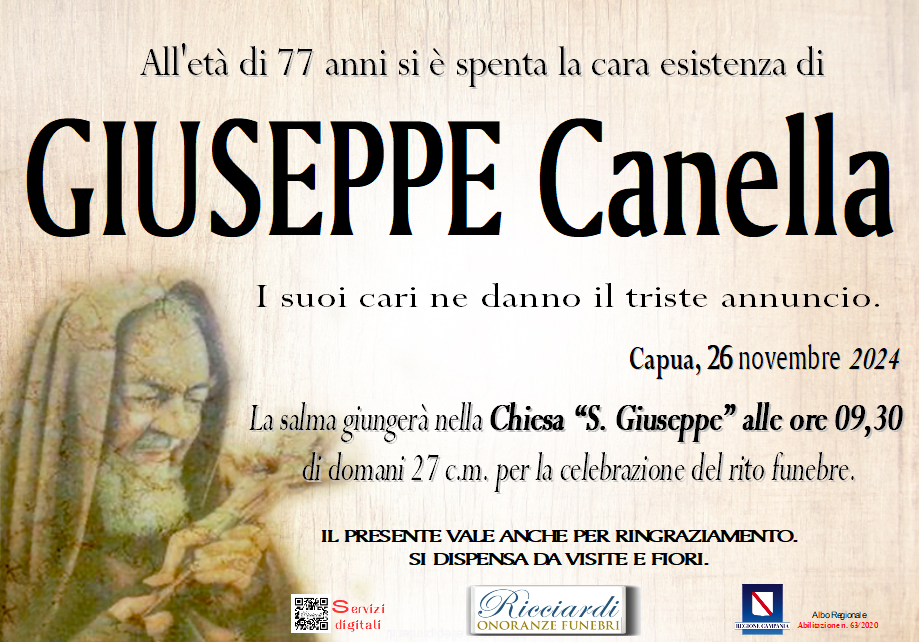 necrologio GIUSEPPE Canella