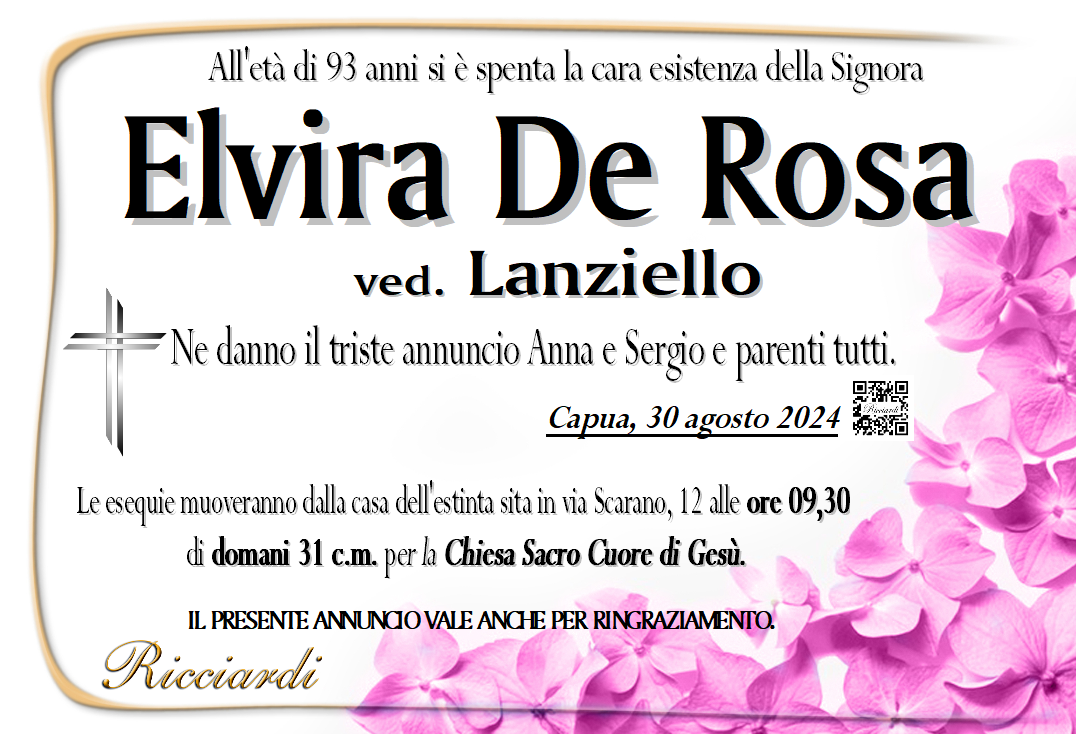 necrologio Elvira De Rosa