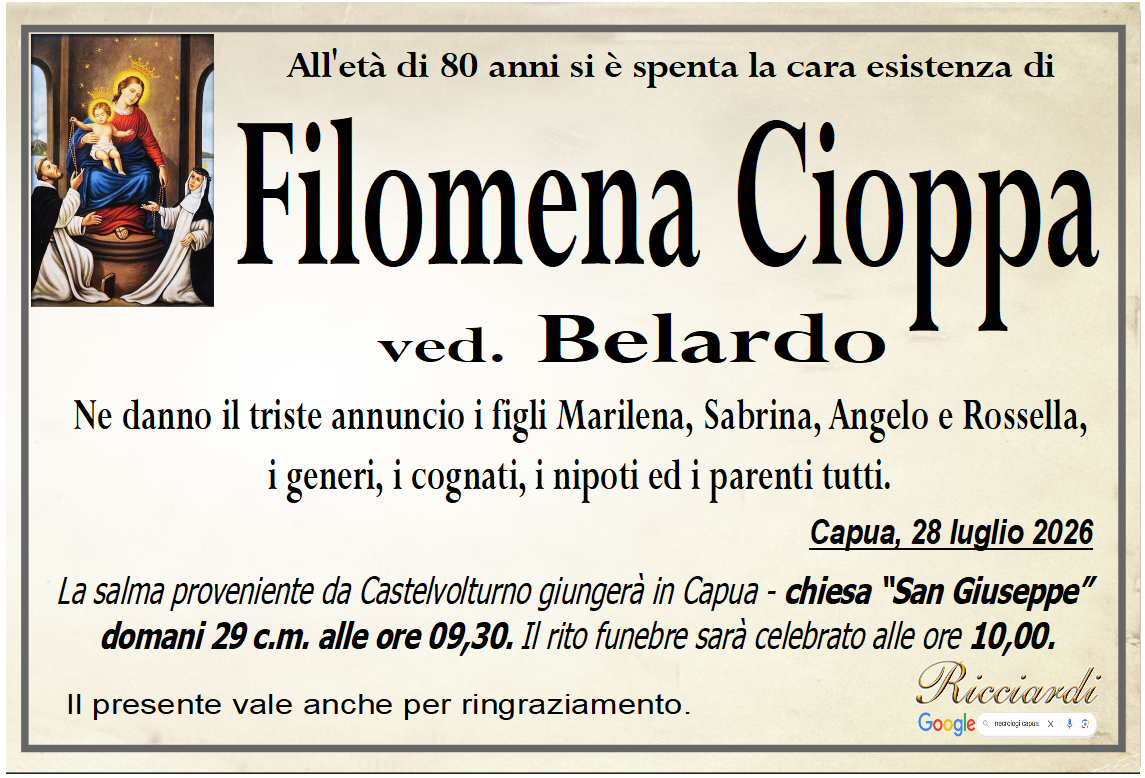 necrologio Filomena Cioppa