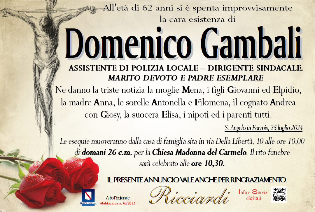 necrologio Domenico Gambali