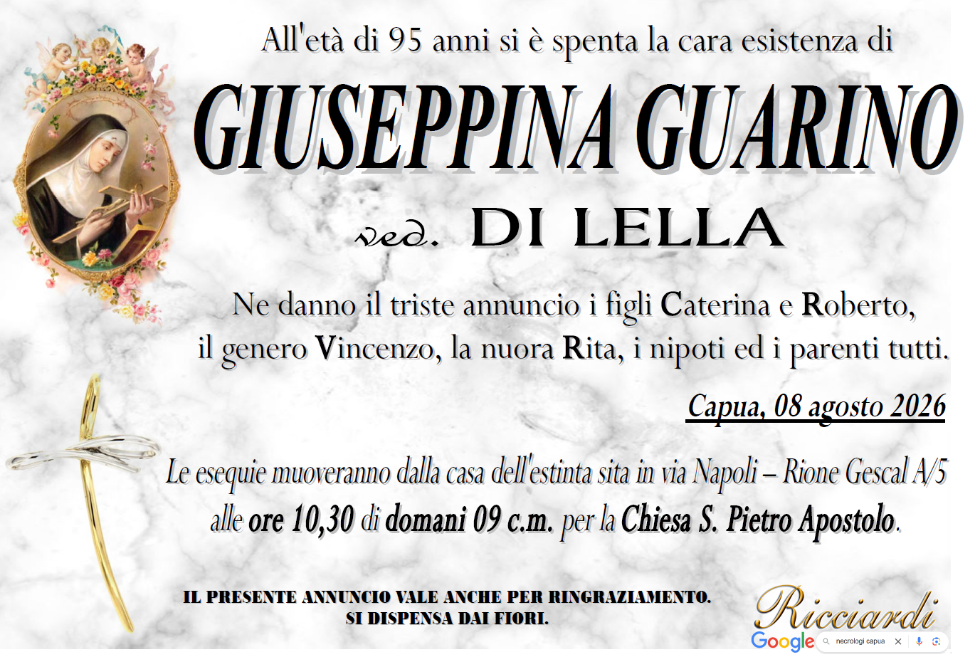 necrologio GIUSEPPINA GUARINO