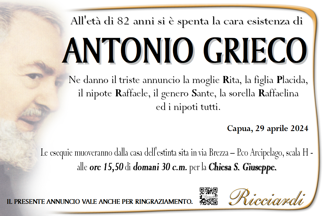 necrologio ANTONIO GRIECO