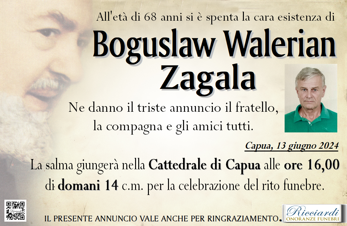 necrologio Boguslaw Walerian Zagala