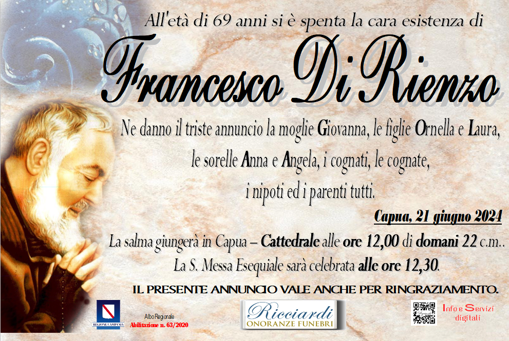 necrologio Francesco Di Rienzo