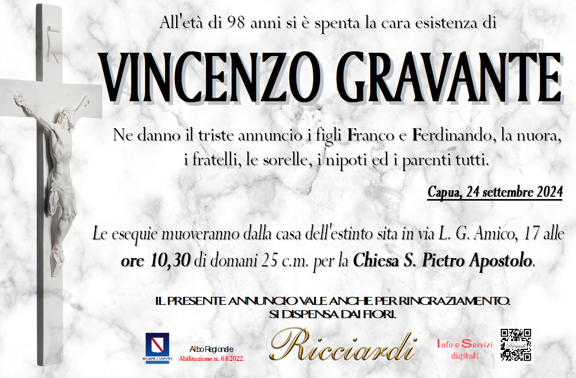 necrologio VINCENZO GRAVANTE