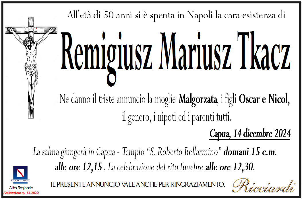 necrologio Remigiusz Mariusz Tkacz
