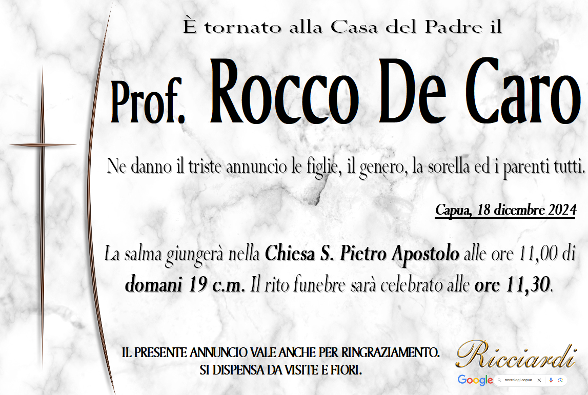 necrologio Prof. Rocco De Caro