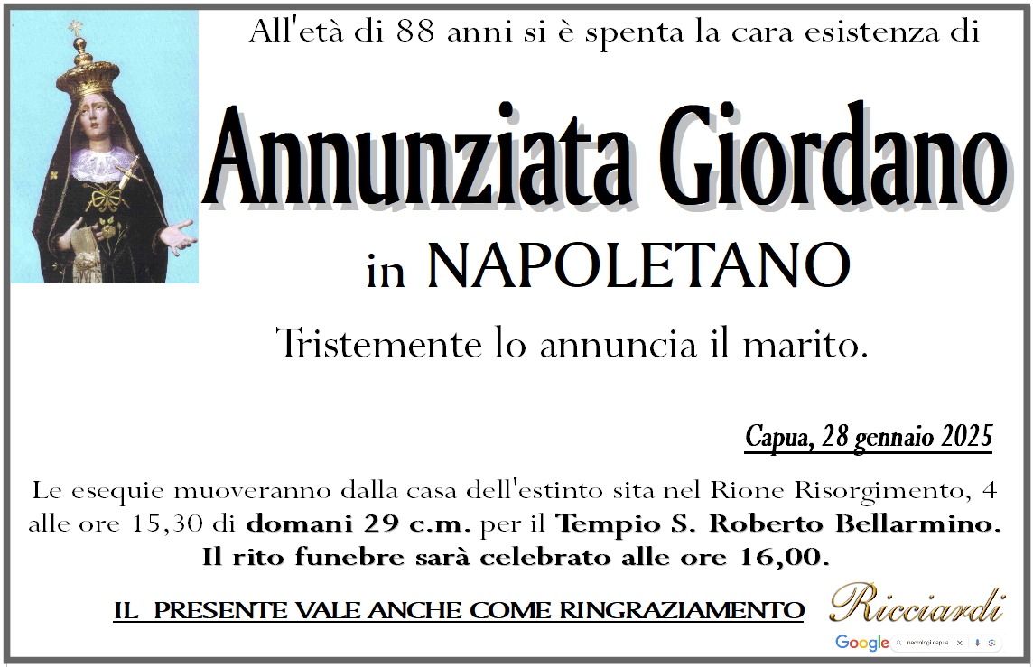 necrologio Annunziata Giordano