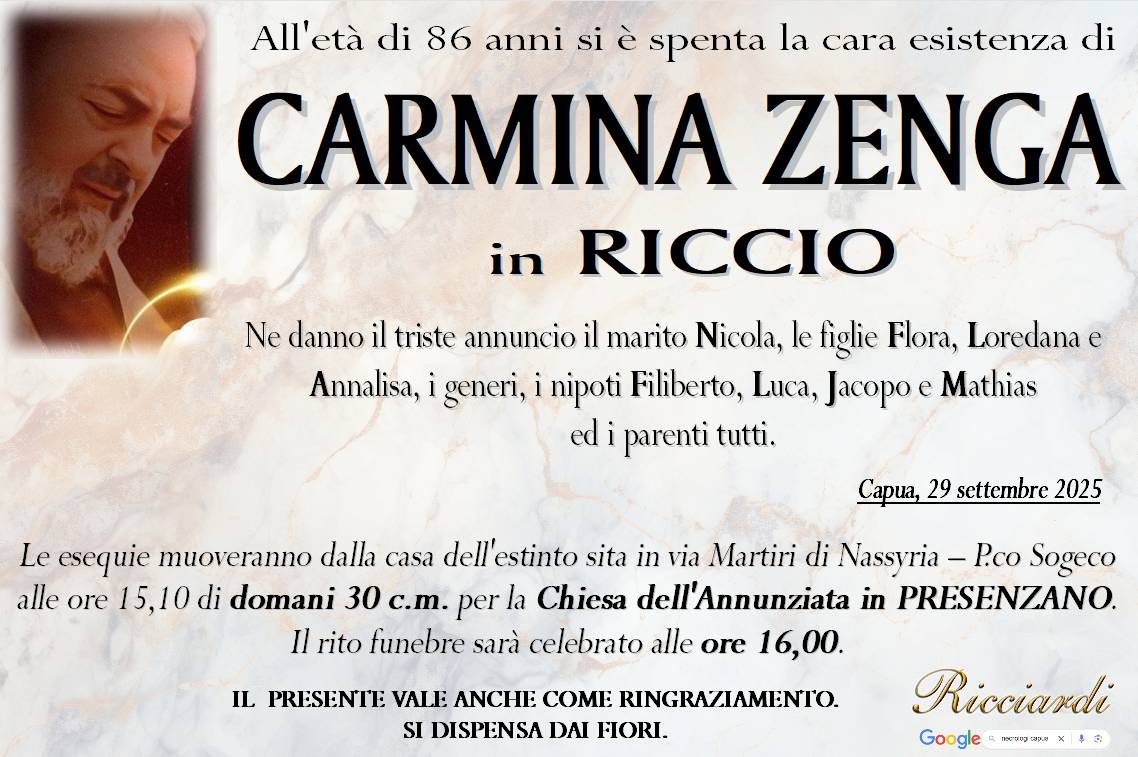 necrologio CARMINA ZENGA
